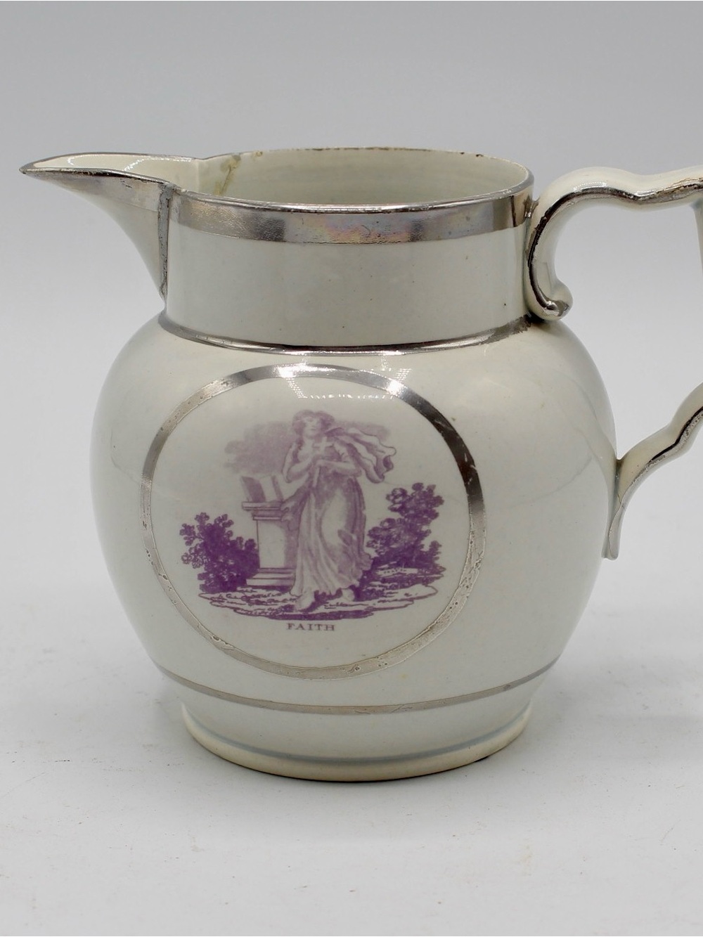 Antique Staffordshire "Bat Print" and Silver Luster Jug, Faith Transferware
